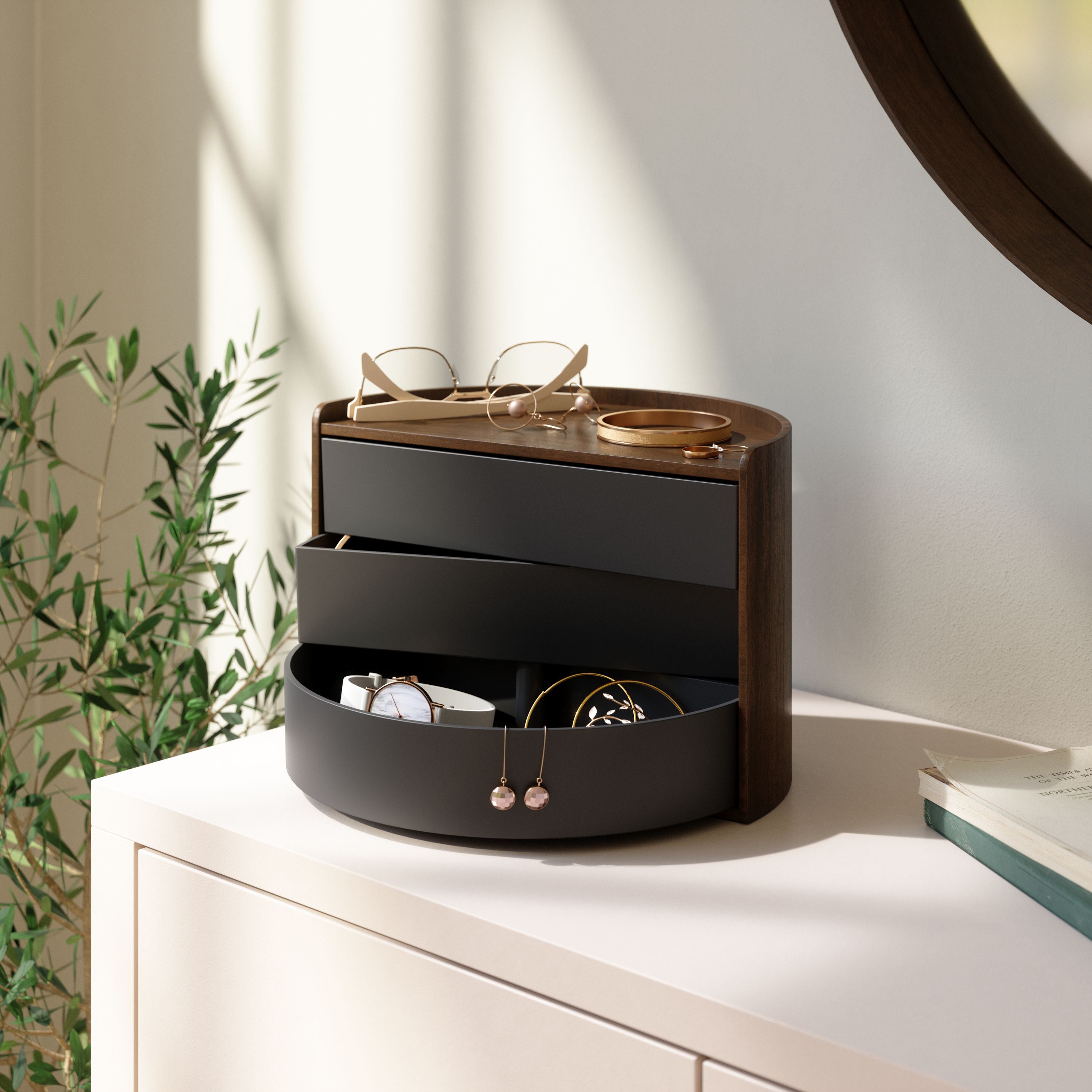 Moona Storage Box - Black/Walnut Jewelry Storage UMBRA