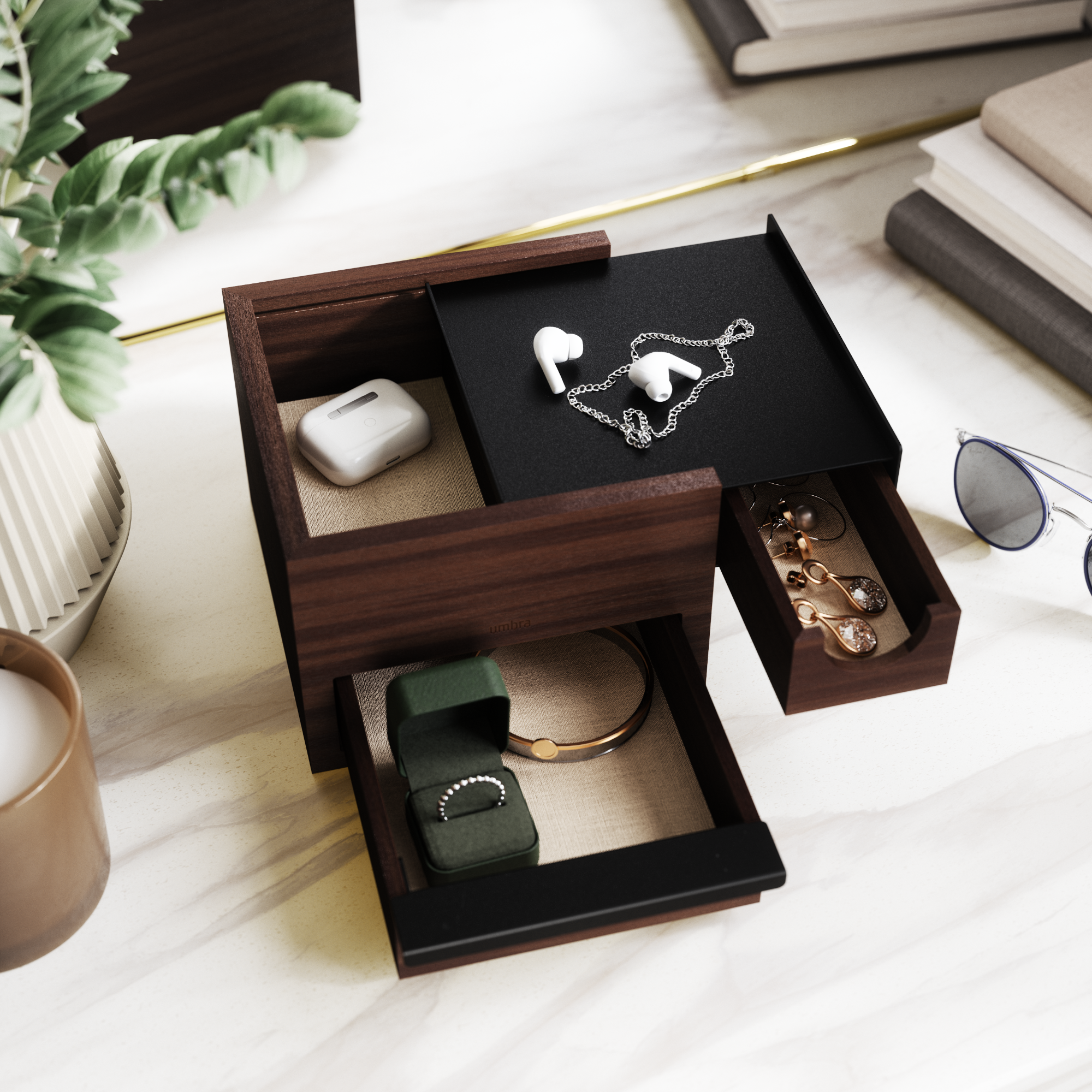 Stowit Mini Jewelry Box - Black/Walnut Jewelry Storage UMBRA
