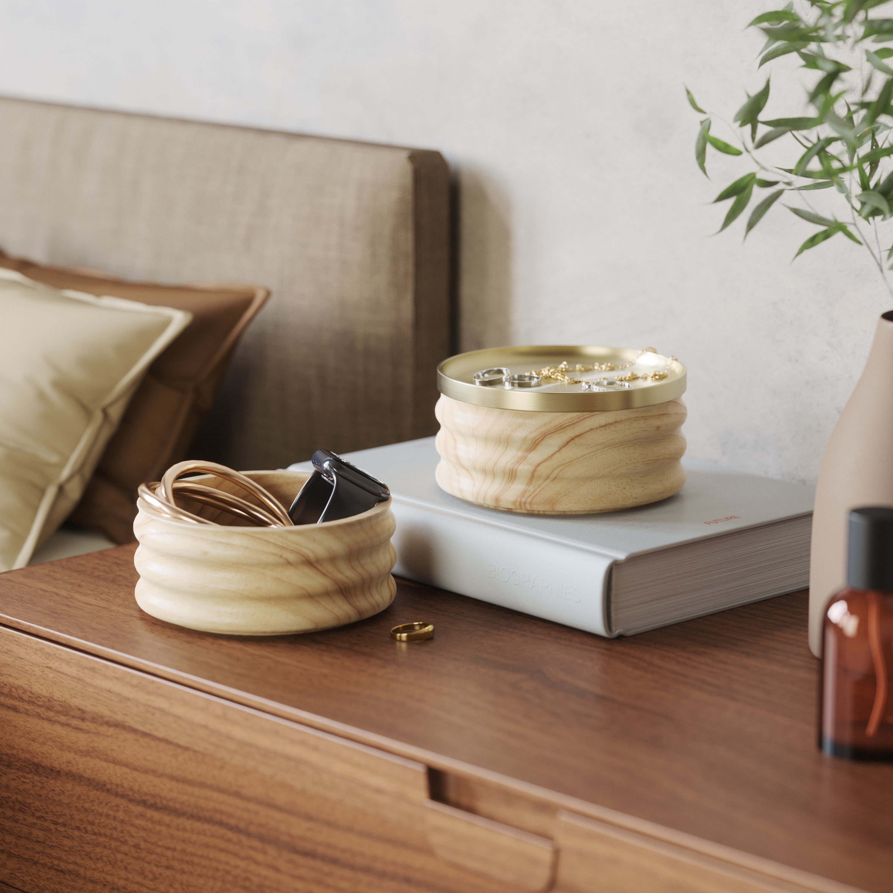 Tesora Wood Storage Box - Natural/Brass Jewelry Storage UMBRA