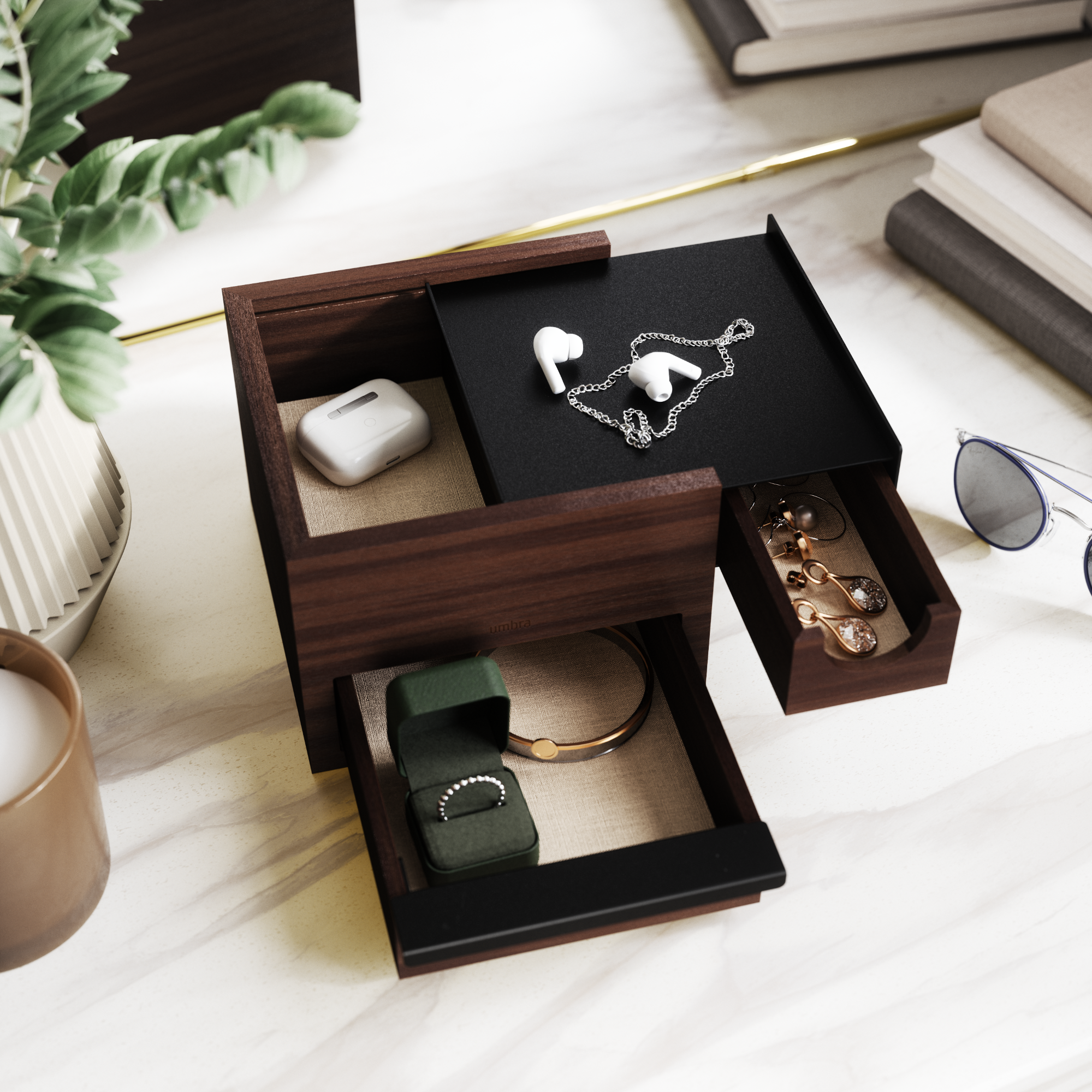  Stowit Mini Jewelry Box - Black/Walnut Jewelry Storage UMBRA